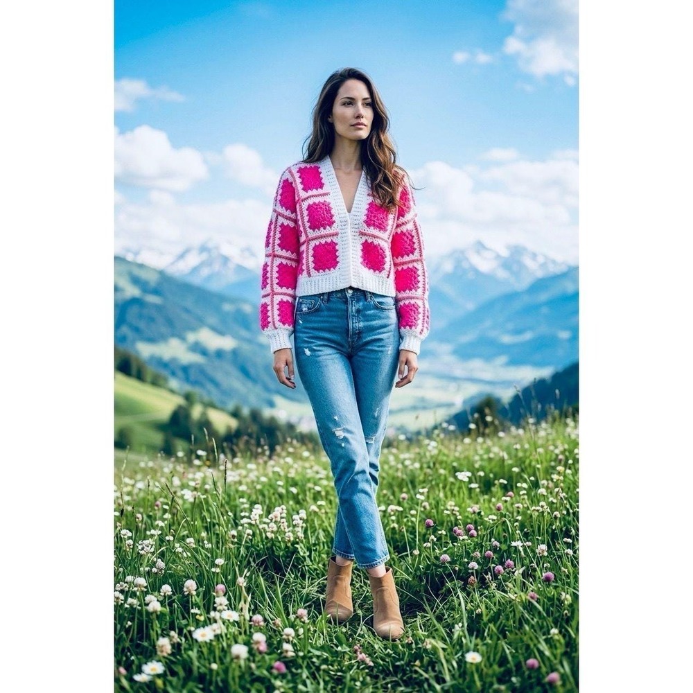 Handmade Upcycled Granny Square Crochet Cardigan Pink White Boho Sweater S-XL